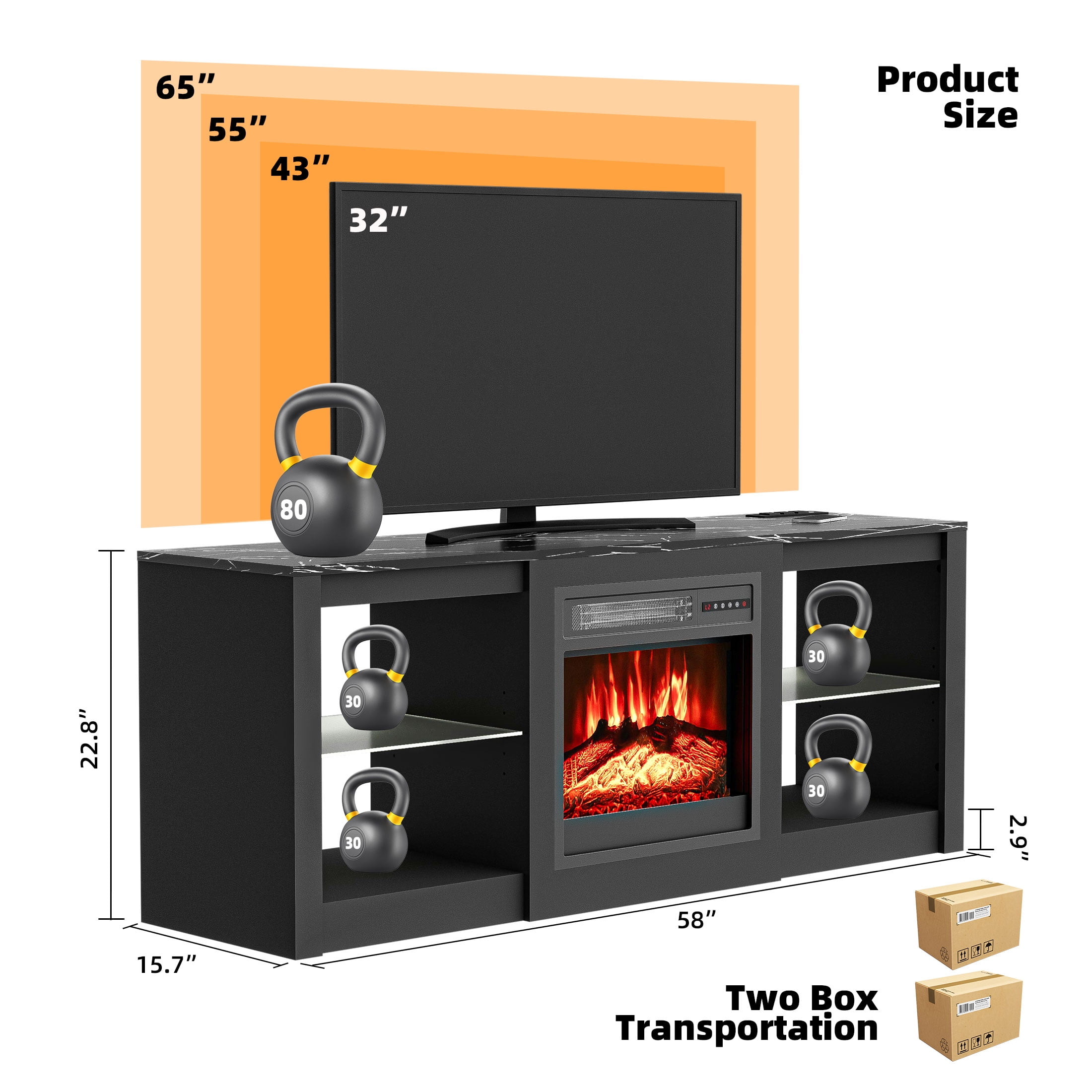 BREEZEHEAT 58-Inch Electric Fireplace TV Stand with 18-Inch Fireplace, Modern Entertainment Center, Black