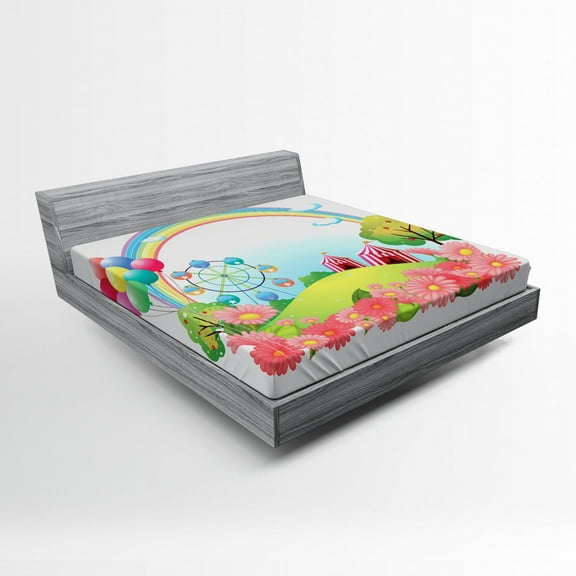 Ambesonne Colorful Fitted Sheet, Village Hill Circus, Queen Size, Multicolor