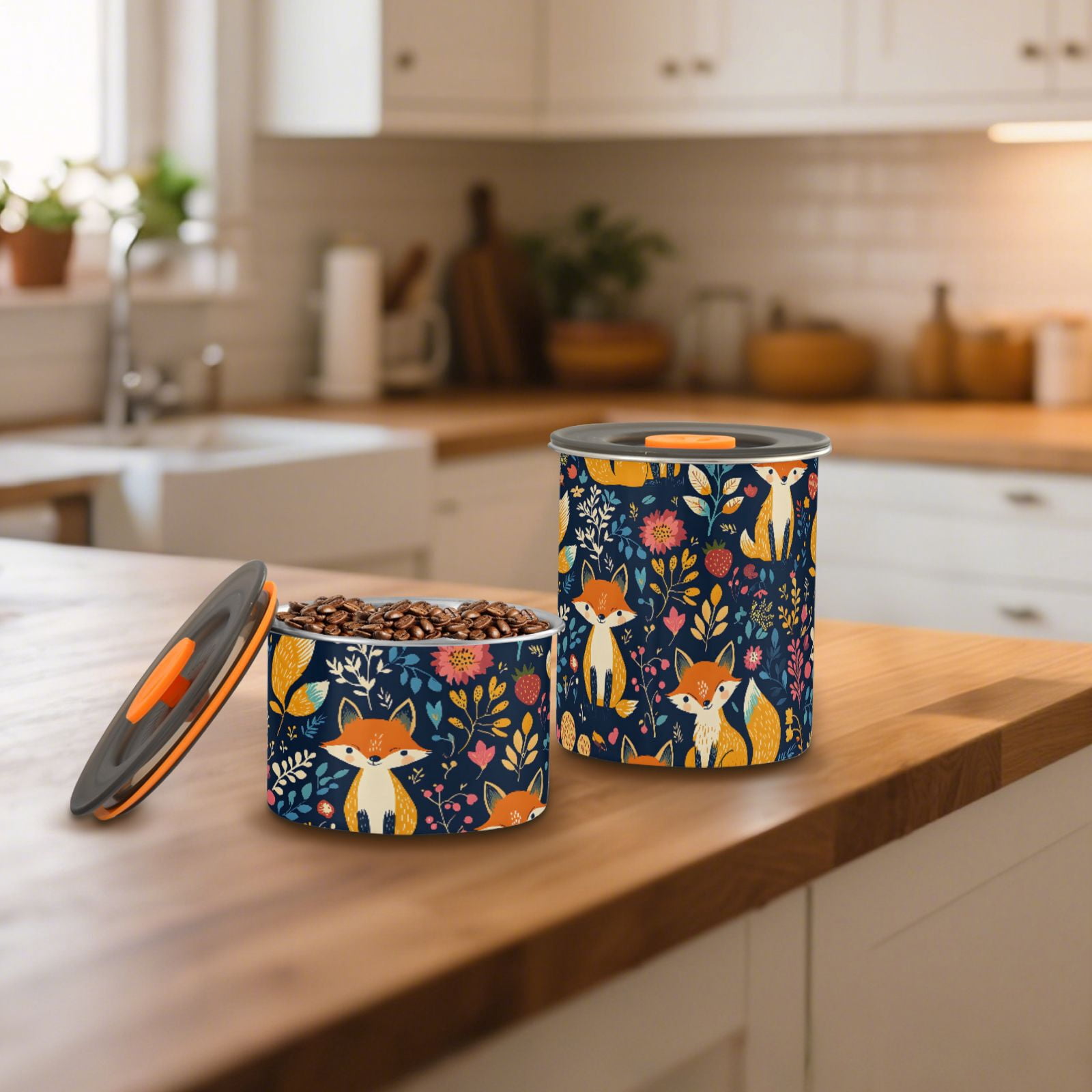Fox Animal Airtight Coffee Bean Canister 30oz Food Storage Containers with Lids For Gournd, Tea, Sugar, Flour, Rice, Cereal, Candy Cookie Jar