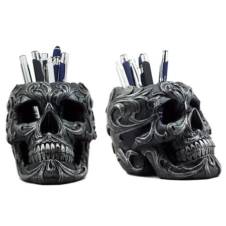Ebros Gift Set of 2 Tribal Tattoo Floral Skull Pen Holder Figurine 5.75