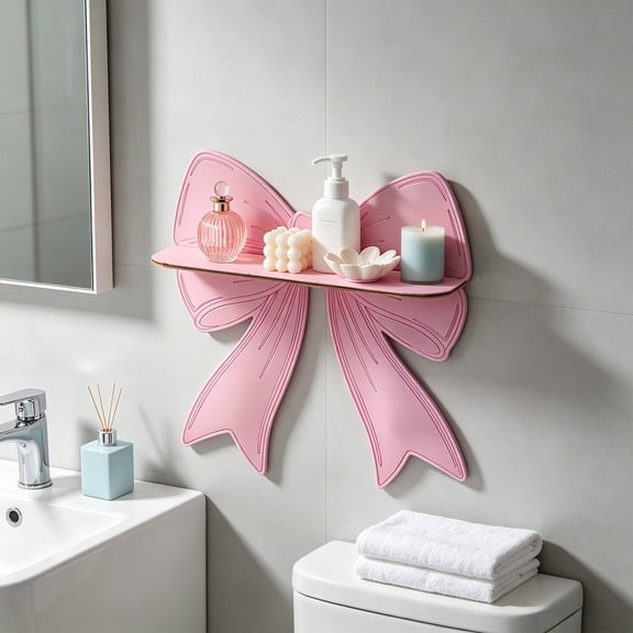Pink Bow Shaped Wooden Floating Wall Shelf,Boho Cute Bow Wall Mount Storage Rack,Decorative Display Shelf for Bathroom Bedroom Vanity Home Wall Decor