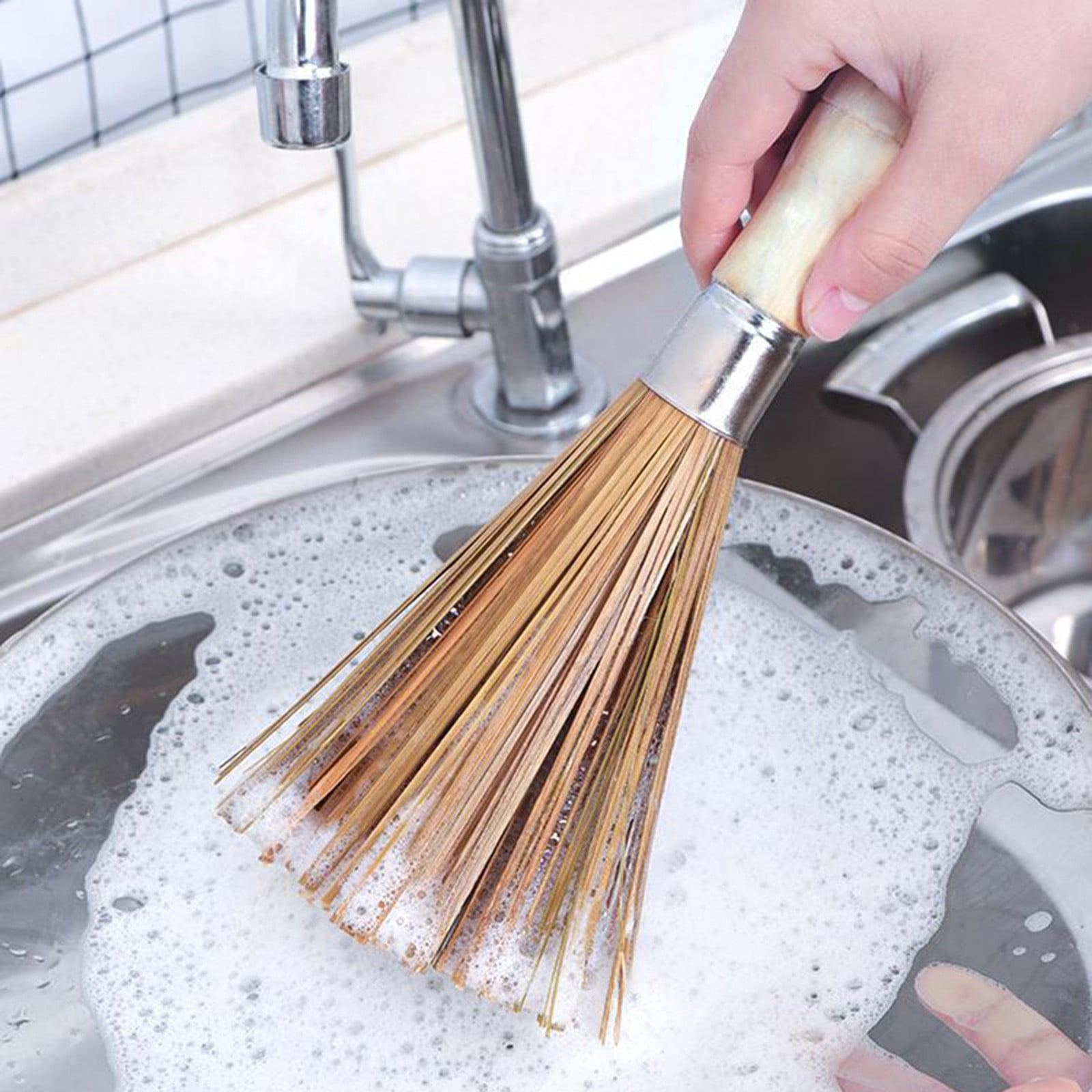 CMrtew 4Pcs Bamboo Pot Brush,Traditional Natural Bamboo Wok Brush,Wok Cleaning Whisk Kitchen Cook Shop Wok Pan Pot Cleaning Whisk Brush with Comfort Grip Handle
