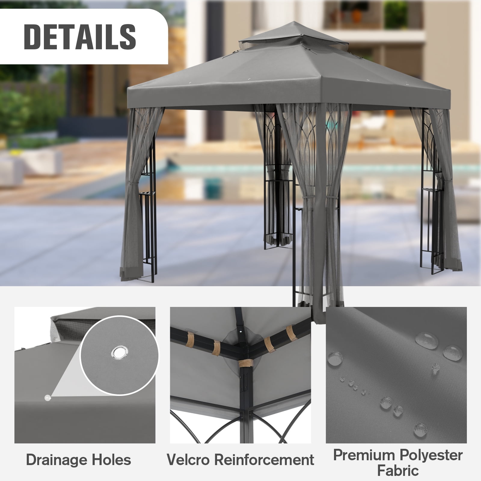 COOS BAY 8 ft. W x 8 ft. D Gray Outdoor Patio Soft Vented Top Gazebo with Zipped Netting, Corner Shelves, Ceiling Hook