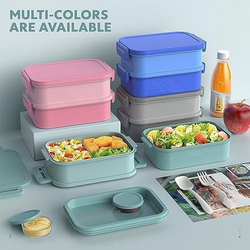 Bento Box Adult Lunch Box - 72oz Stackable Bento Lunch Box for Adults, 3 Layers All-in-One Large Bento Box Leak-Proof Lunchbox with Utensil Sauce Dressing Containers for Dining Out,Work, Green