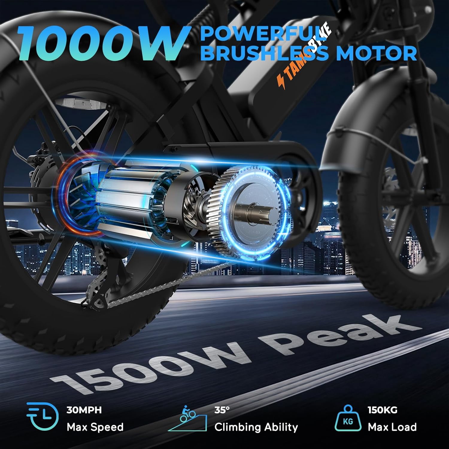 Tamobyke V20 Peak 1500W Electric Bike,20" Fat Tire E-Mountain Bikes,48V 15.6AH 30mph Ebike for Adults Full Suspension UL2849