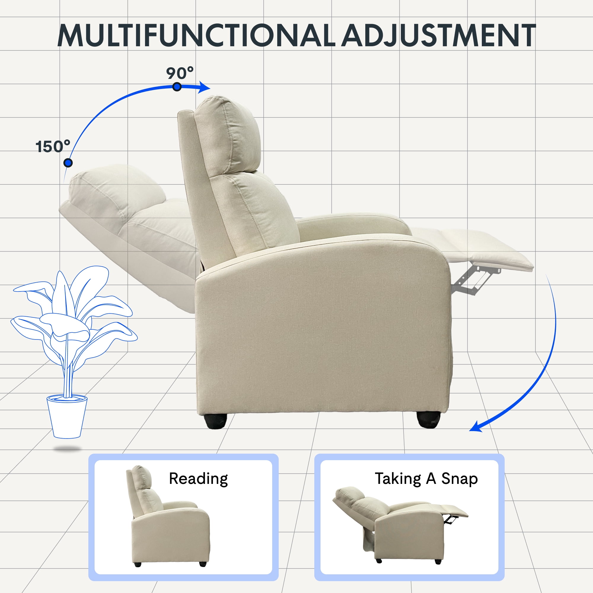 FlexiSpot Pushback Recliner Chair Adjustable Faric Home Living Single Reclining Sofa Weight Capacity 300 lbs Grey