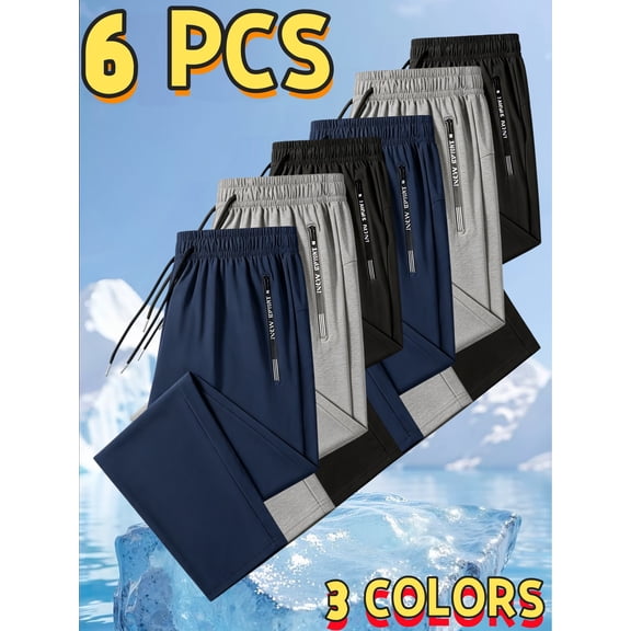 6 Pack Men's Athletic Pants, Short Length Quick Dry Sports Pants with Zipper Pockets Elastic Waist for Running Workout Casual Wear
