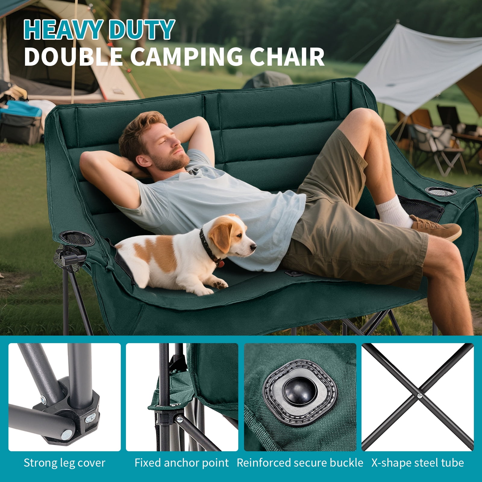 Slsy XXXL Oversized 2 Person Fully Padded Camping Chair, Folding Loveseat Camping Couch Double Camping Chairs Heavy Duty Portable Lawn Chair Patio Chair, Supports 990 LBS