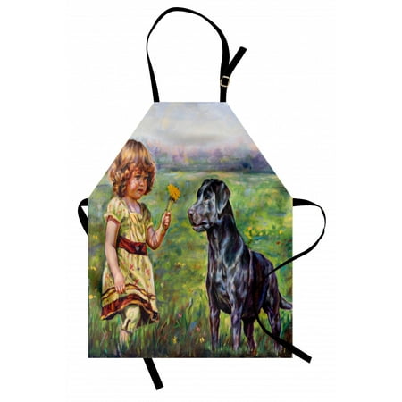

Country Apron Paint of a Cute Little Girl with her Tiny Flower and Dog in the Meadow Pastoral Artwork Unisex Kitchen Bib Apron with Adjustable Neck for Cooking Baking Gardening Multi by Ambesonne