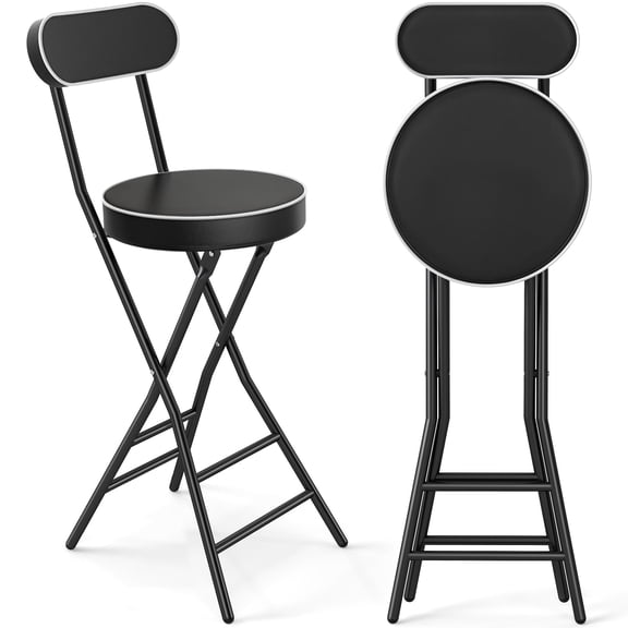 RTVR 36-inch Round Collapsible Folding Stool with 400 lbs Capacity, Set of 2, Padded PU Leather, Black with Back for Indoor Outdoor