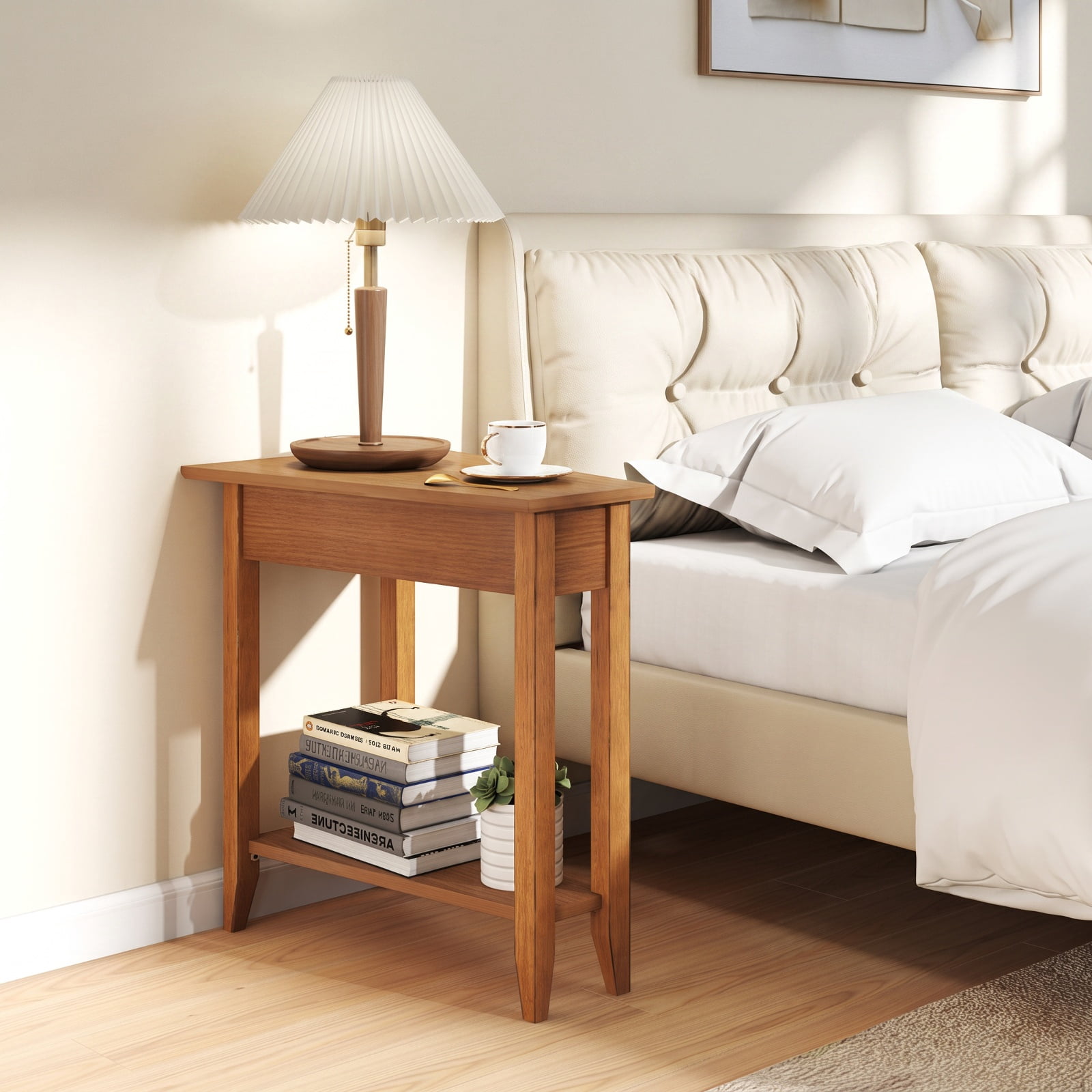 Furnibear 2 Tier Wedge Narrow End Table with Storage Shelf and Solid Rubber Wood Legs for Small Spaces and Sofa Side, Walnut