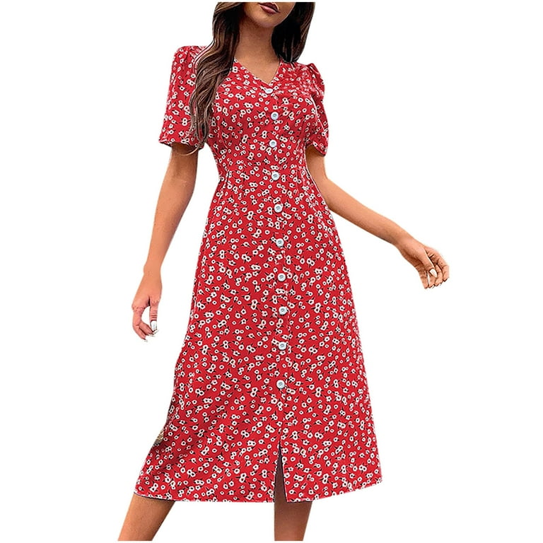 QUYUON Floral Midi Dress for Women Button-Down Front Split Shirt