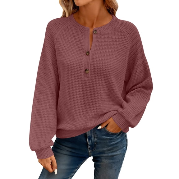 Craaazy Women's Long Sleeve Waffle Knit Top Solid Color Crewneck Pullover Loose Fit Button Detail Casual Comfort Shirt Gifts