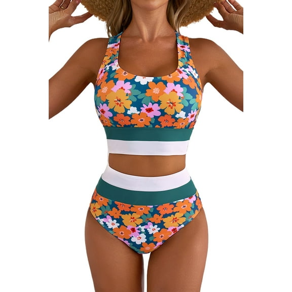 Women's Green Floral Print 2-Piece Bikini - Racerback Cutout High Waist Swimsuit | [ZhiHiMeRi] | (US 18-20)2XL