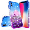 thumbnail image 3 of SOGA Rhinestone Liquid Floating Quicksand Cover Cute Girl Phone Case Compatible for Apple iPhone X Case with Embedded Metal Diamond Ring for Magnetic Car Mounts and Neck Lanyard - Blue on Purple, 3 of 5