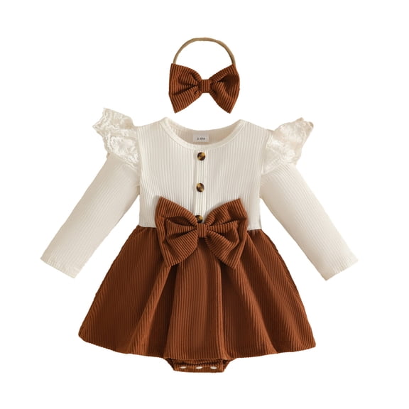 Bainana Girls Romper Dress Solid Color Long Sleeve Crew Neck Dresses With Headband Lightweight Children'S Everyday Wear Bodysuit 9-12 Months Brown