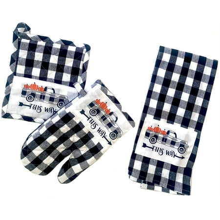 

Harvest Collection Black White Gingham Plaid Fall Towel with Quilted Potholder & Oven Mitt Orange Pumpkins Truck