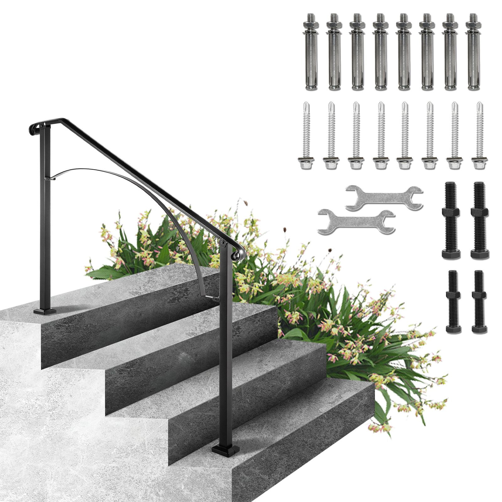 Wrought Iron Outdoor Stair Handrail for 3 or 4 Steps, Adjustable Black Porch Railing with Arch Design, 43.8 in Post Spacing, Hand Rail for Concrete, Brick, Wood Stairs and Entryways