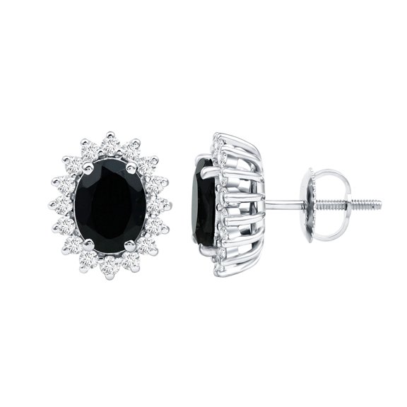Rosec Jewels Real Oval Black Onyx Stud Earrings with Halo - AAA Quality - 2 Carat - Black and White Earrings - with Jewelry Box, 925 Sterling Silver