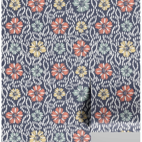 S4Sassy Ikat Floral Print Wallpaper - Asian Style Wall Covering, 25" x 120" Self-Adhesive Vinyl Wallpaper, Walls Wrap, Easy DIY Wall Covering For Bedroom, Living Room, Living Spaces - Blue