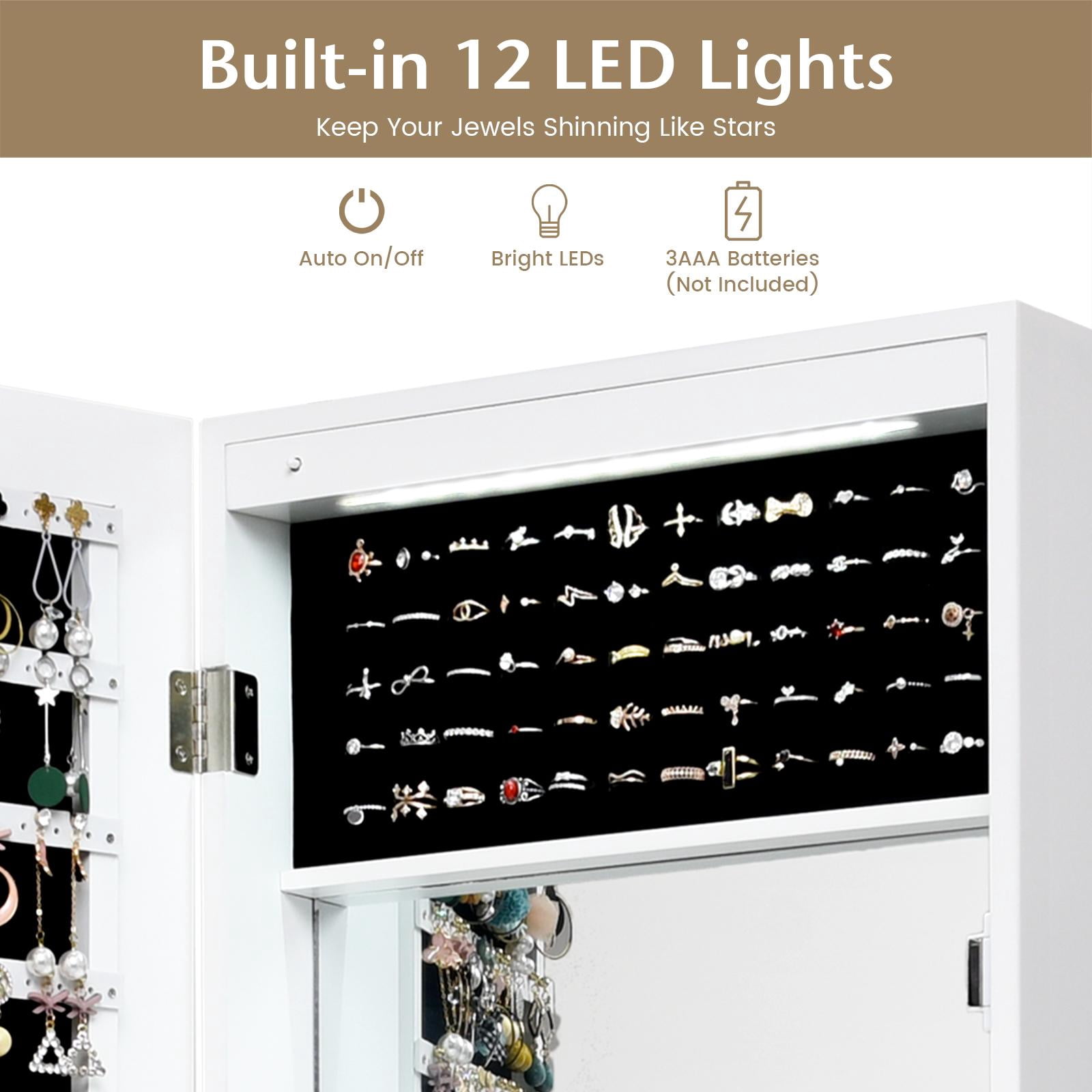 Giantex LED Jewelry Cabinet Wall Door Mounted, Lockable Jewelry Armoire w/Full Length Mirror, Cosmetics Tray, Brush Holders, Build-in Makeup Mirror for Women Girls (White)