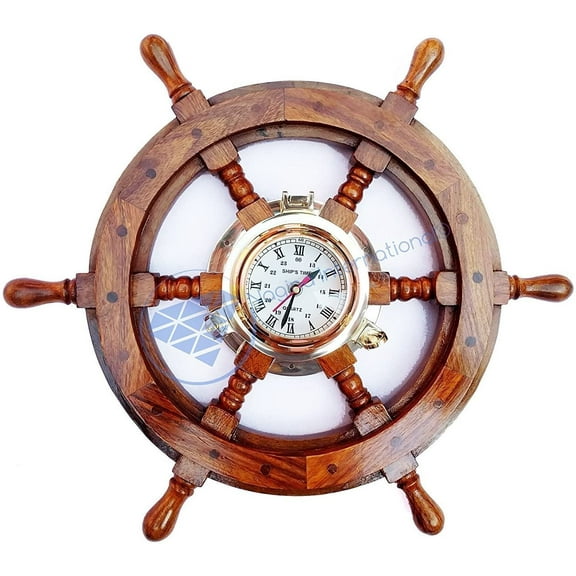 Wooden Ship Wheel - Mounted Solid Brass Polished Jhanjhat Porthole Clock (White Roman Dial) - (36 Inches)