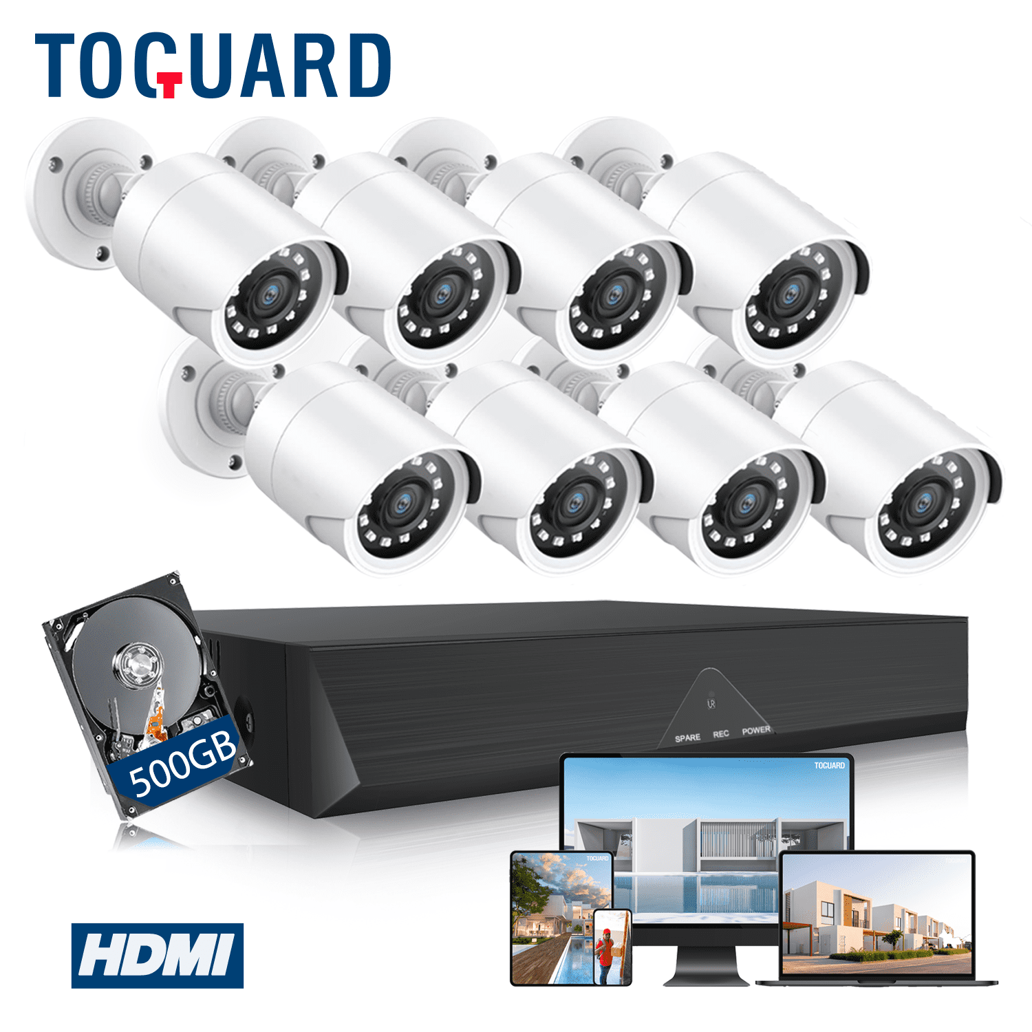 Toguard SC35 8CH Wired Security Camera System Outdoor with 500GB Hard Drive 8pcs 1080P Bullet Surveillance Cameras HDMI Connector