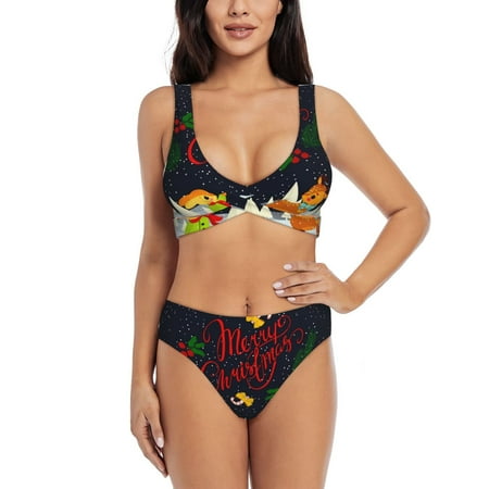 Zeuib Merry Christmas Elk High Waisted Tummy Control Bikini Set - Knot Front Push Up Top & Cheeky Thong Bottom  Two-Piece Swimsuit for Women-Large