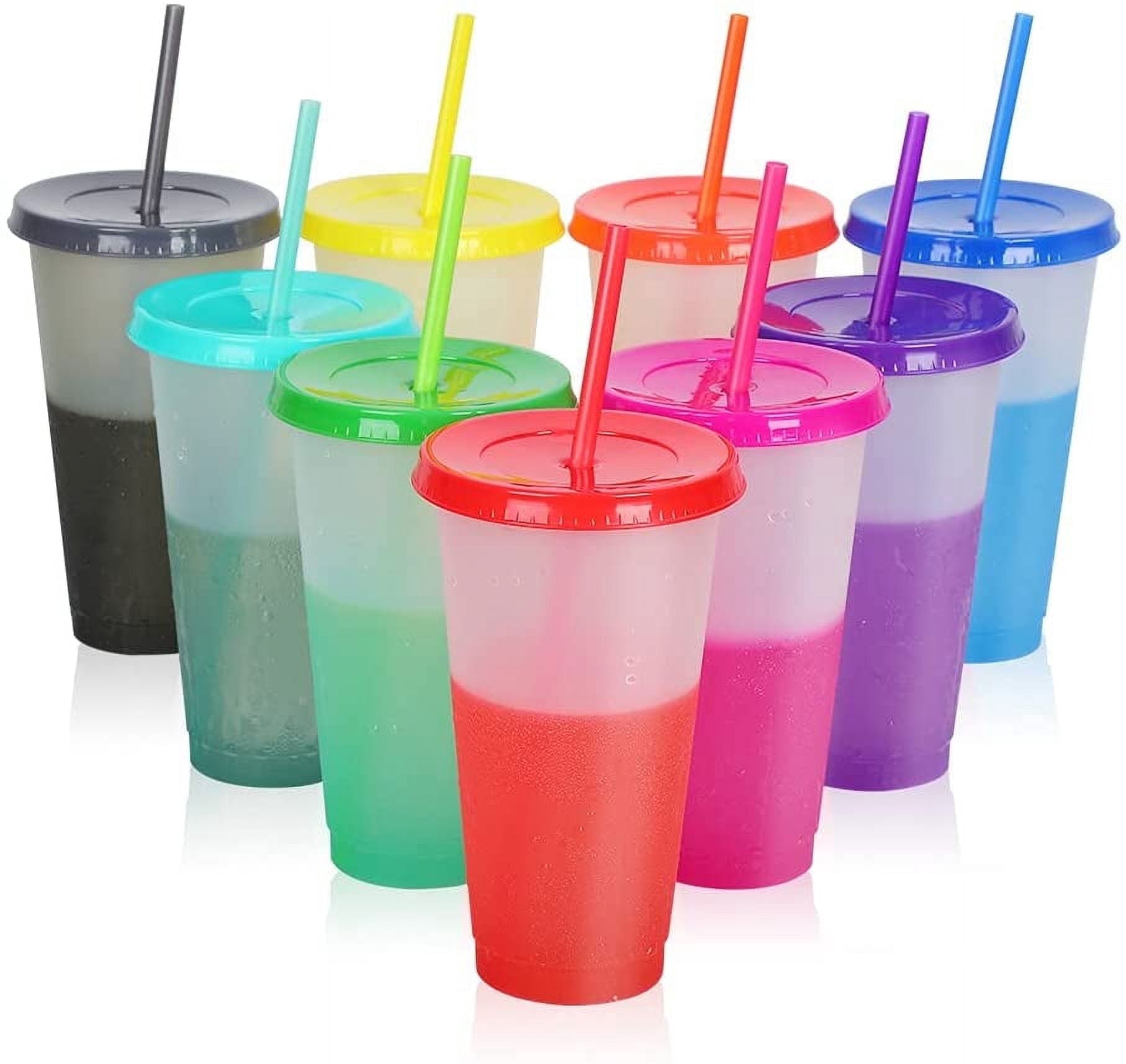 Triani Reusable Plastic Tumblers with Lids & Straws - 9 Pcs 24oz Large Color Changing Cups for Adults Kids Women Party | Tall Iced Cold Straw Drinking Cute Tumbler Cup Bulk