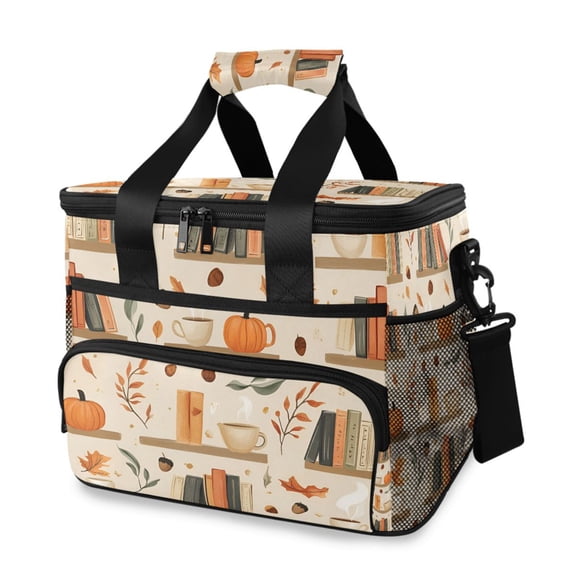 FORMRS Insulated Cooler Bag 24 Cans Capacity Soft Leakproof Lunch Box with Side Pockets, Fall Book Shelf