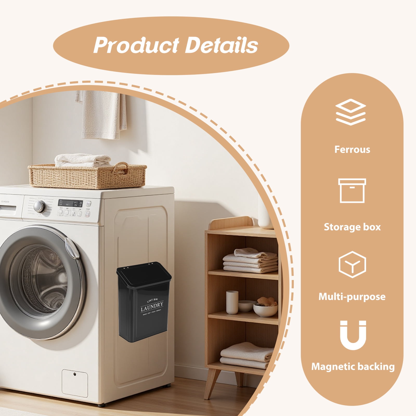 FUYGRCJ Magnetic Lint Bin for Laundry Room, Laundry Dryer Lint Bin, Metal Lint Container with Lid and Lint Brush, Wall Mounted Lint Holder Box for Dryer, Space-Saving Laundry Metal Trash Can