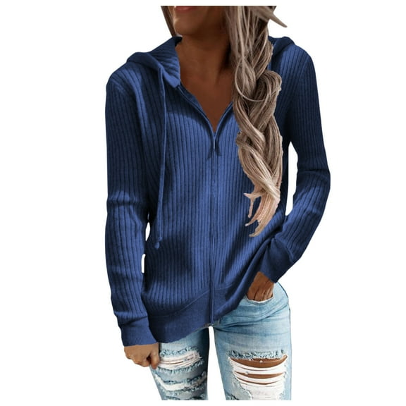 TAIAOJING Women's Scoop Neck Blouse Long Sleeved Hoodie Drawstring Solid Color Zipper Cardigan Jacket Cute Tee Shirt