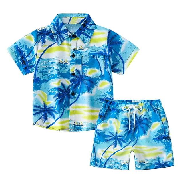 Penkiiy Ensemble Chemise à Col à Manches Courtes pour Garçon, Tout-Petit Bébé Garçons, Blouse Mode à Manches Courtes, Imprimé Tropical Bord de Mer, Chemise Rétro, Ensemble Short, Bleu, 2-3 Ans