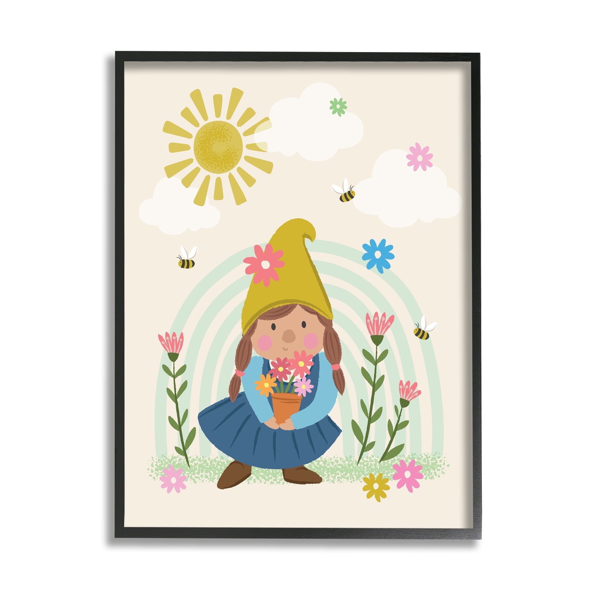 Stupell Industries Playful Sunshine Rainbow Pattern Garden Gnome Flowers Framed Wall Art, 11 x 14, Design by Lisa Perry Whitebutton