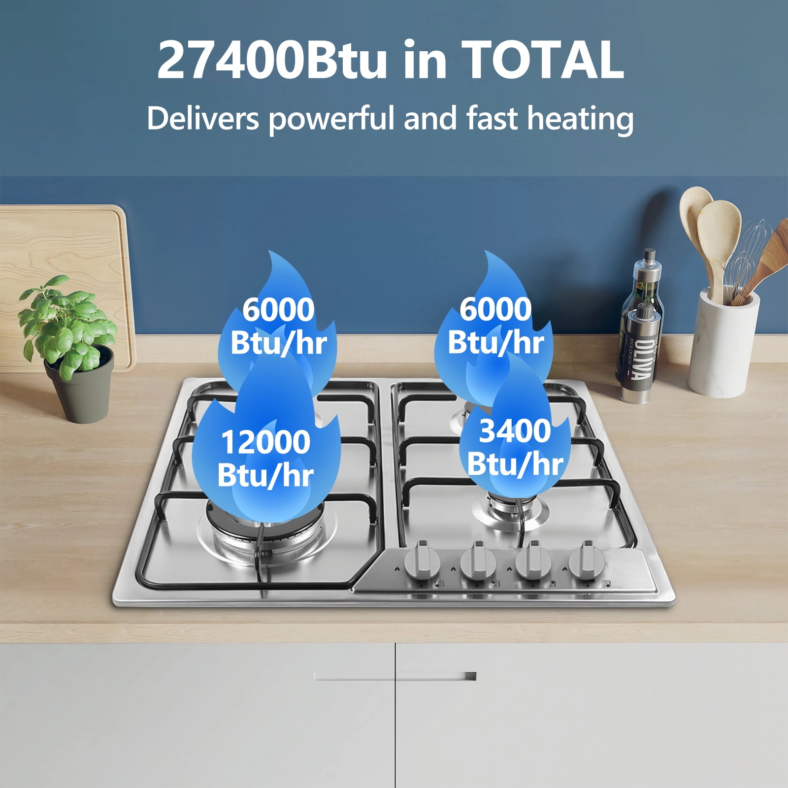 TYEMUI 24 inch Gas Cooktop, Stainless Steel Built-in 4 Burner Gas Stove, NG/LPG Convertible Propane Gas Hob with Electric Ignition for Apartment, Kitchen, RVs