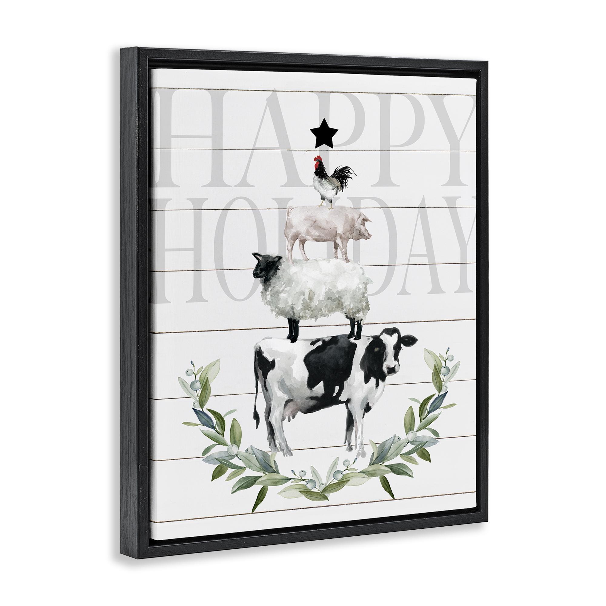 Stupell Industries Happy Holiday Farm Animals Holiday Painting Black Floater Framed Canvas Art Prints Wall Art, 25 x 31