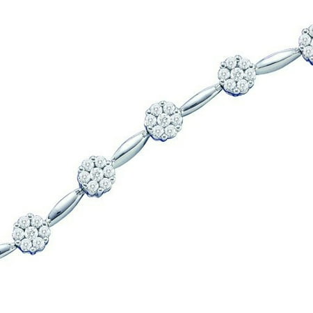 14K White Gold 2.00ct Shiny Invisible White Diamond Fashion Flower Link Bracelet