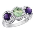 thumbnail image 1 of 14K White Gold Natural Green Amethyst & Amethyst Sides Round 3-stone Ring Diamond Accents, size 6, 1 of 2