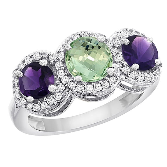 14K White Gold Natural Green Amethyst & Amethyst Sides Round 3-stone Ring Diamond Accents, size 6