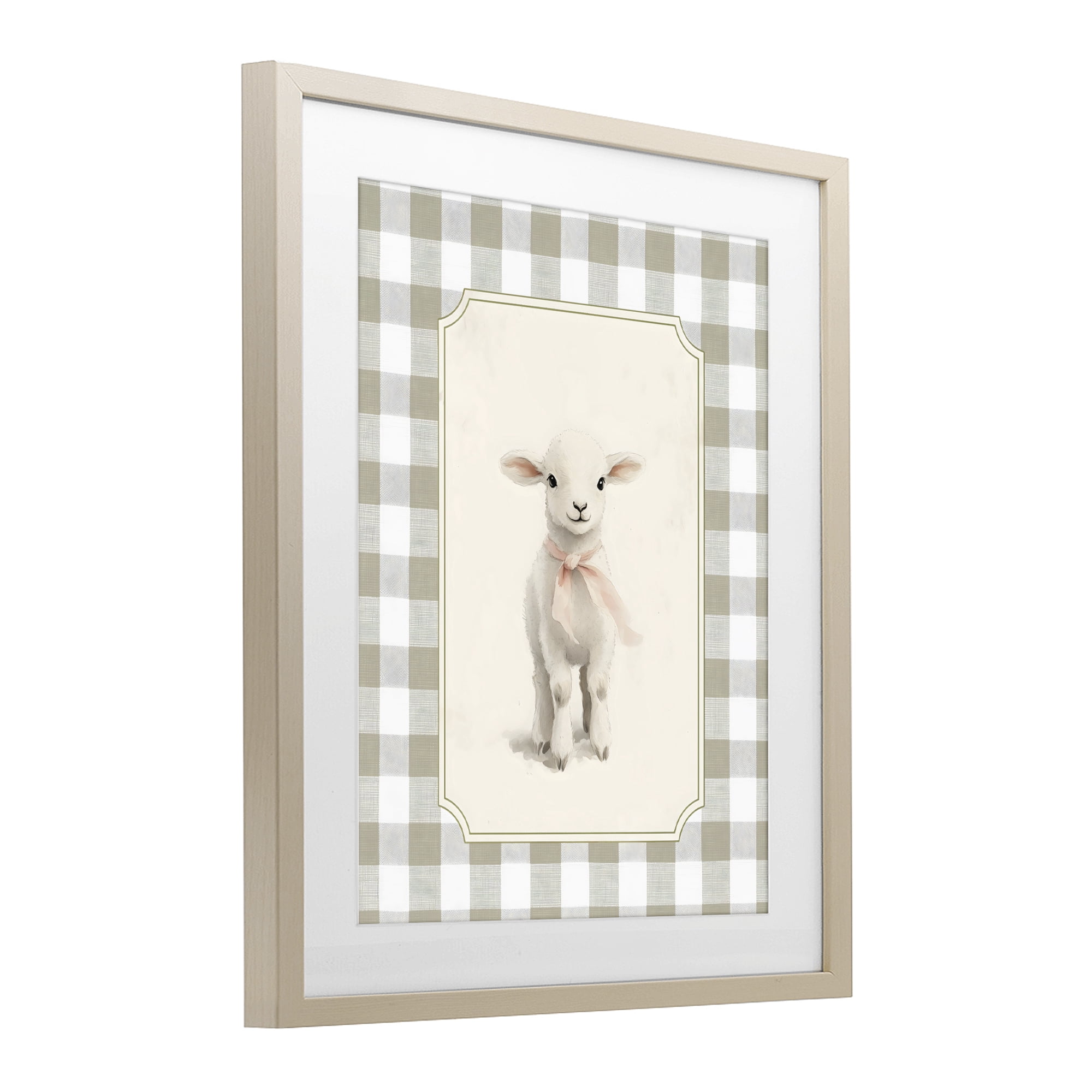 Stupell Industries Gingham Lamb with Pink Ribbon Birch Framed Print Under Glass, design by Arlington Prints