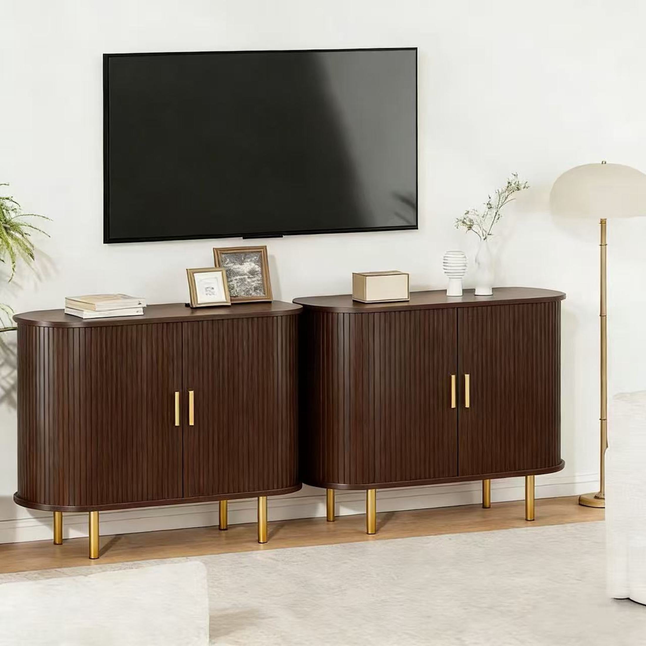 Aisword Sideboard Buffet Cabinet with Storage,Mid Century Modern Fluted Accent Coffee Bar Console Table,Tambour Sliding Doors& Adjustable Shelf for Kitchen, Living Room, Entryway, 40 Inch Dark Walnut