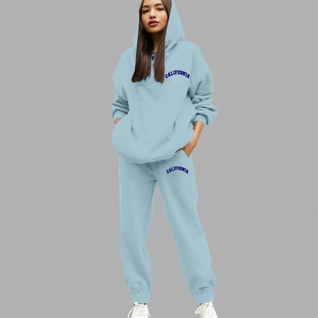 Huowey Womens Sweatsuits 2 Piece Set Fall Loungewear Outfits Letter Graphic Hoodie And Joggers Pants Long Sleeve Trendy Winter Tracksuit Sky Blue XXXL