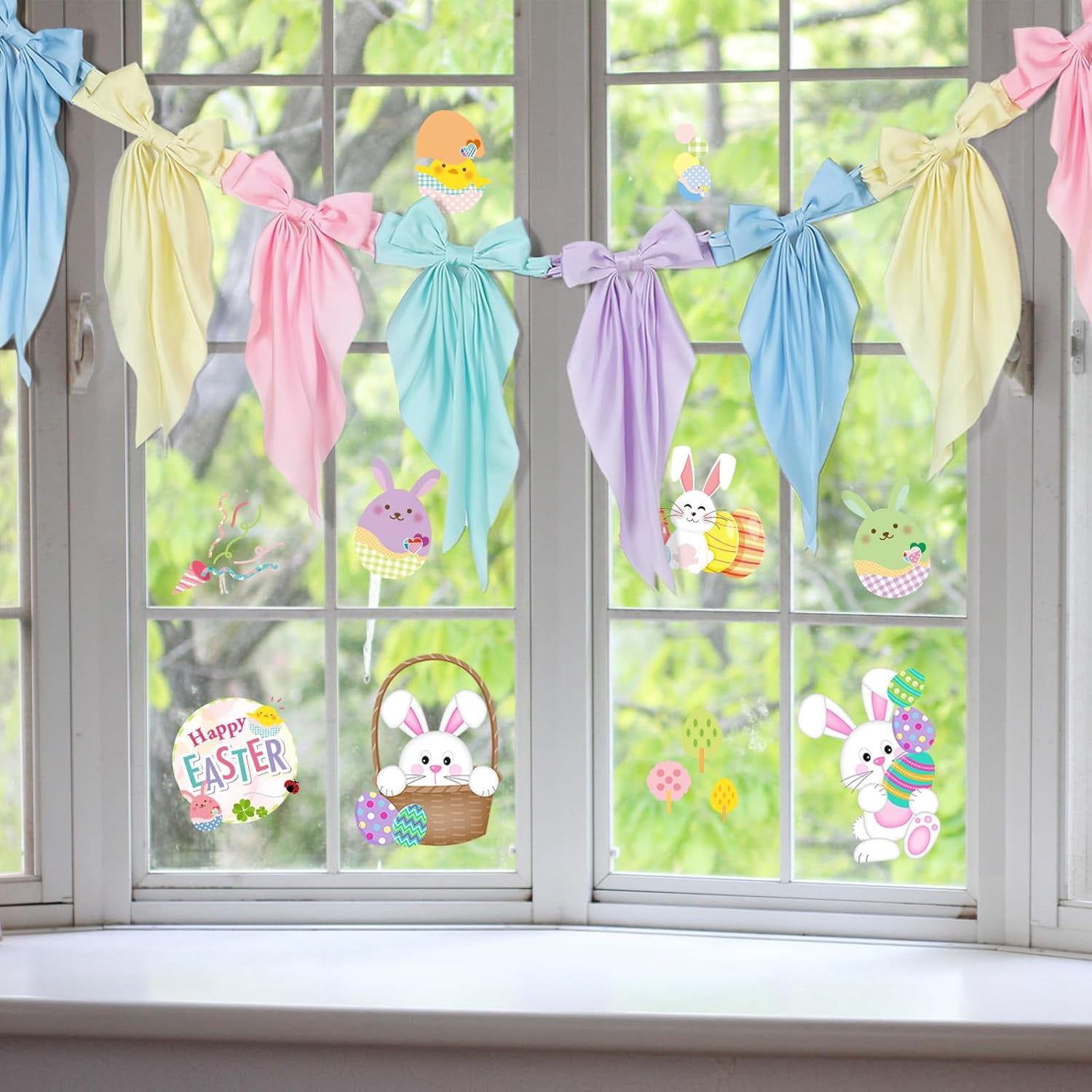 Satmonnus 7.9 FT Easter Pastel Bow Garland Banner - Silk Satin Ribbon Pastel Bow Garland Hanging Party Bow Garland Decoration for Easter Birthday Baby Shower Wedding Party Supplies
