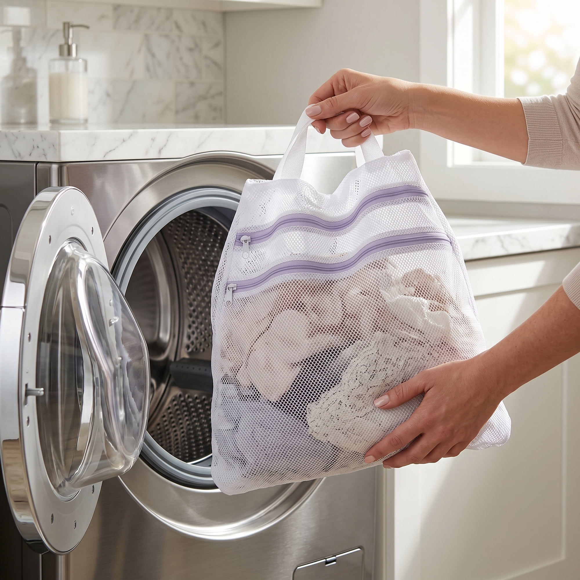 Unique Bargains 2 Pcs Mesh Laundry Bags, Durable Zipper Closure White-Purple 15.7"x15.7"