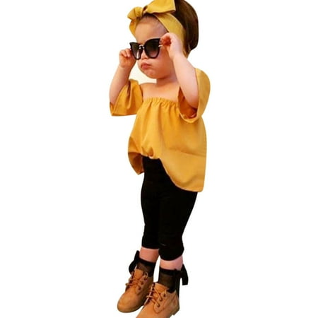 

Girls Outfits Toddler Kids Baby Girls Outfits Off Shoulder T-Shirt Tops+Pants+Headband Set Toddler Girl Outfits(Size:100)