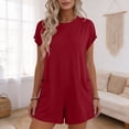 thumbnail image 2 of Lovzfmll Combinaison pour Femmes, Col Rond à Manches Courtes avec Poche, Jambe Grand, Barboteuse d'Été Décontractée Rouge, P, 2 of 9