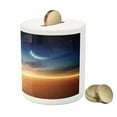 thumbnail image 3 of Ocean Piggy Bank, Sunset Sky with Moon and Stars Horizon Scenery Fantasy View Art Print, Ceramic Coin Bank Money Box for Cash Saving, 3.6" X 3.2", Navy Yellow Orange, by Ambesonne, 3 of 4