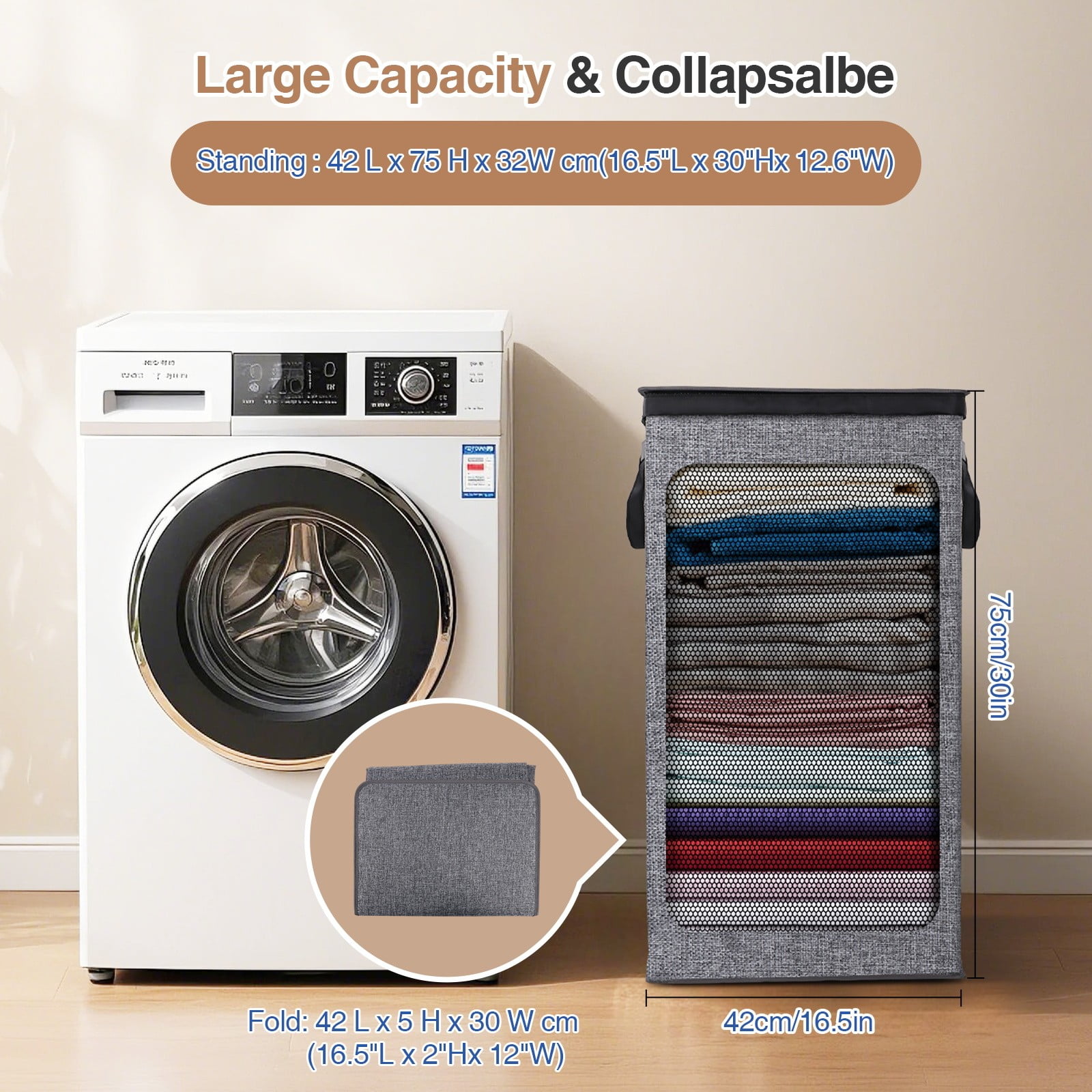 Okaka Collapsible Laundry Hamper with Lid 100L, Tall Laundry Basket with Removable Mesh Bag for Bedroom, Bathroom,Closet, Dorm(Grey)