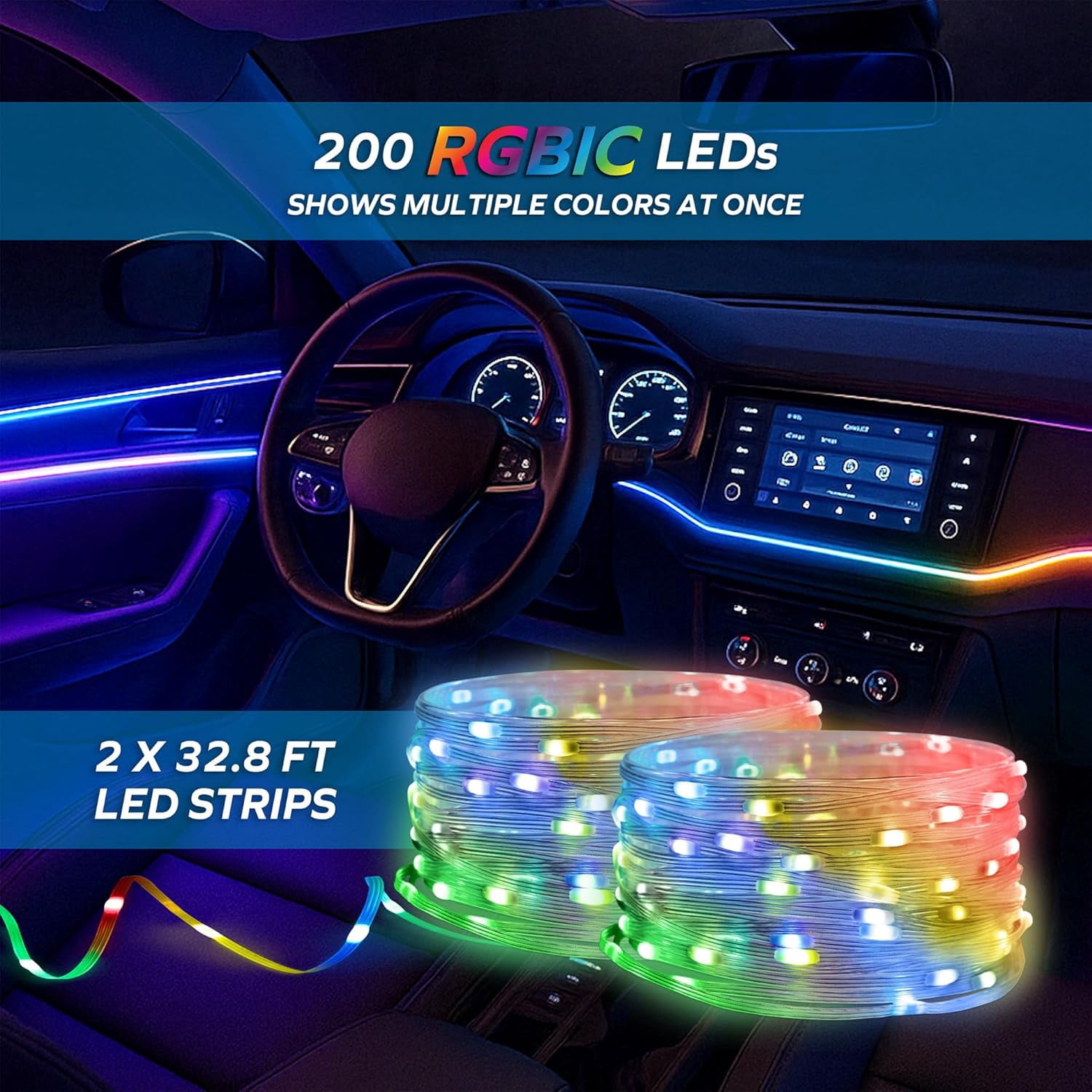 Xtreme Car Exterior RGB+IC LED Lights, 65.6’ Foot Multicolored Color Flow Lights, 200 LEDs, IP65 Waterproof, USB Powered, App Control, Car Accessories and Décor for Christmas, Holidays, Year Round