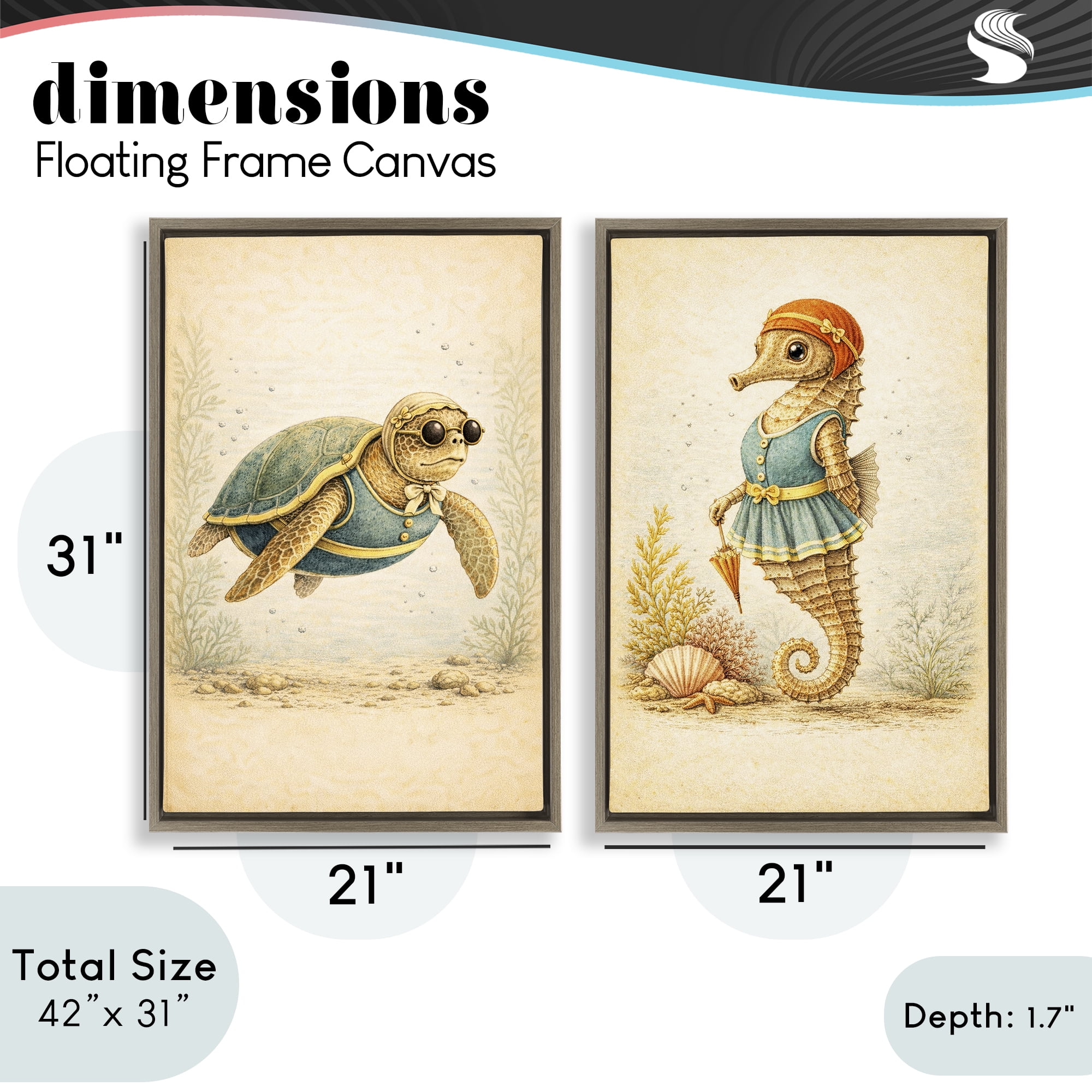 Stupell Industries Vintage Maritime Bathing Animals 2 Piece Brown Framed Floater Canvas Set, design by Grotto Studios